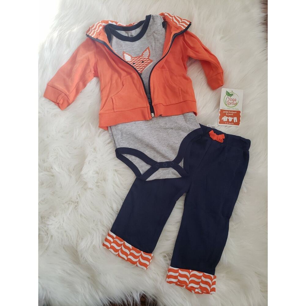 NEW Yoga Sprout 3 Piece Bodysuit Hoodie Pants Set Orange Fox 9-12 Month Baby